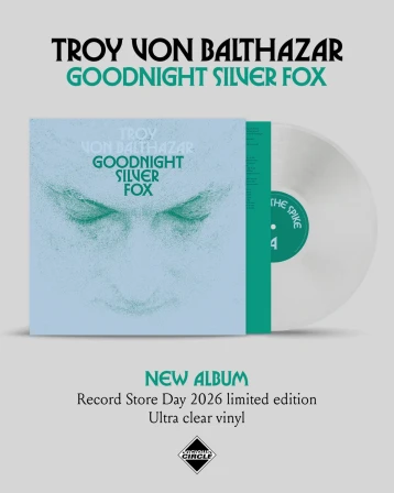 Grey promo flyer with blue and green cover album with the name in white, the title in green, and the face of the artist from above, the eyes closed. A transparent vinyl on the right.